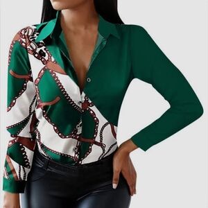 SHEIN Green and White Chain Pattern Button Down Shirt